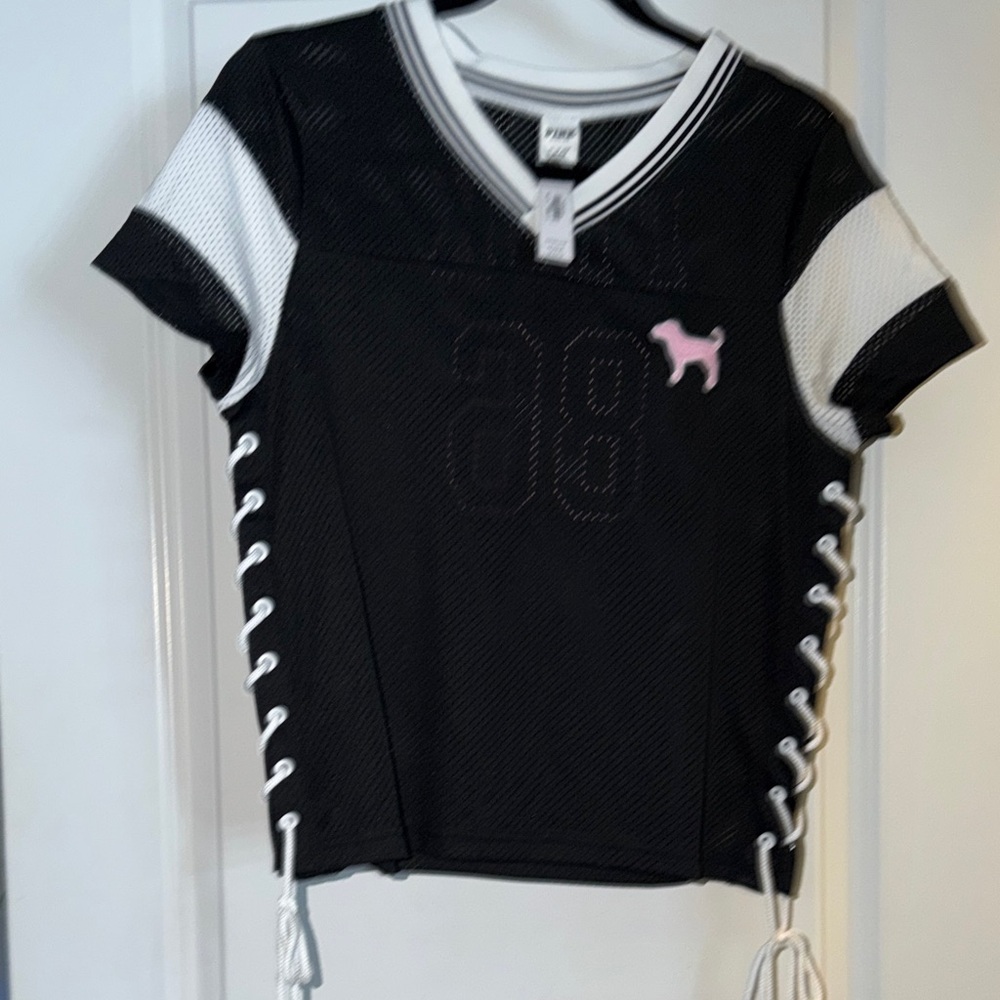 PINK Victoria's Secret Black & White Lace-Up Mesh Jersey with Pink Dog Patch